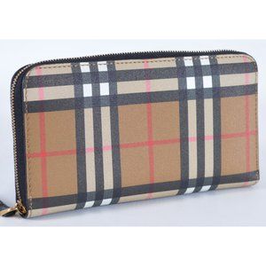 New Burberry ELMORE Leather Nova Check Zip Wallet